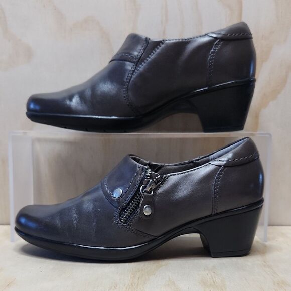 Clarks Dark Gray Heeled Ankle Boots Women 6.5 Leather Shoe Zipper Booties - Picture 1 of 13